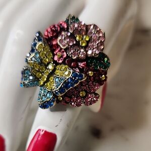 Colorful Crystal Butterfly and Flower Ring Sz 7